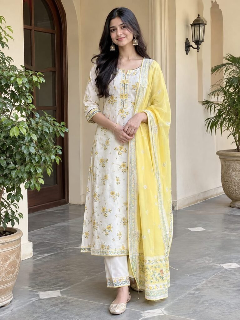 White and yellow floral print designer suit with yellow dupatta in Varanasi at Ektaboutique