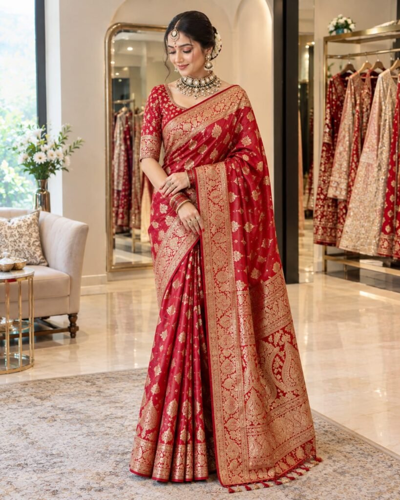 Red Banarasi bridal saree with gold zari border at Ektaboutique Varanasi