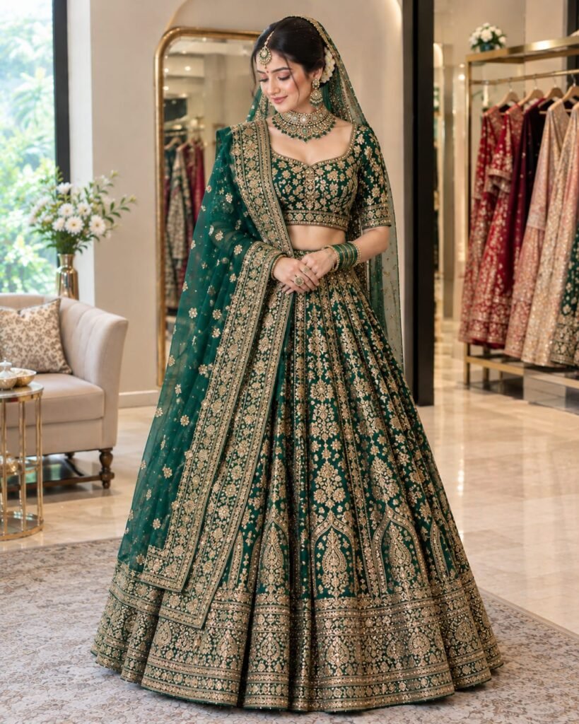 Bottle green bridal lehenga with gold embroidery at Ektaboutique Varanasi