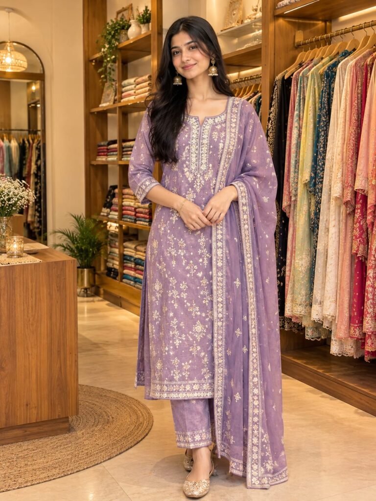 Lavender designer suit with gold embroidery and dupatta in Varanasi at Ektaboutique