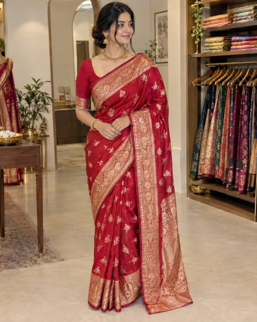 Red Banarasi saree in Varanasi with gold zari border at Ektaboutique