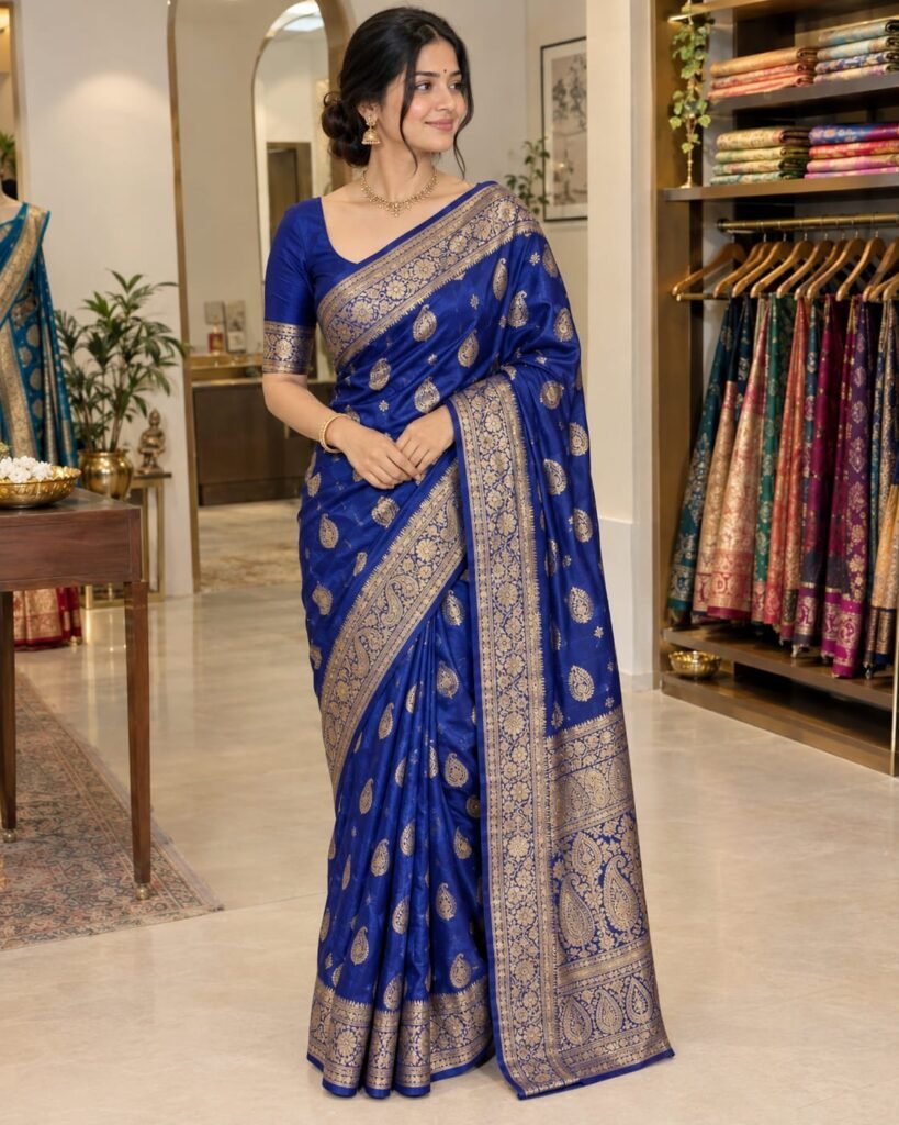 Royal blue Banarasi saree in Varanasi with paisley zari work at Ektaboutique