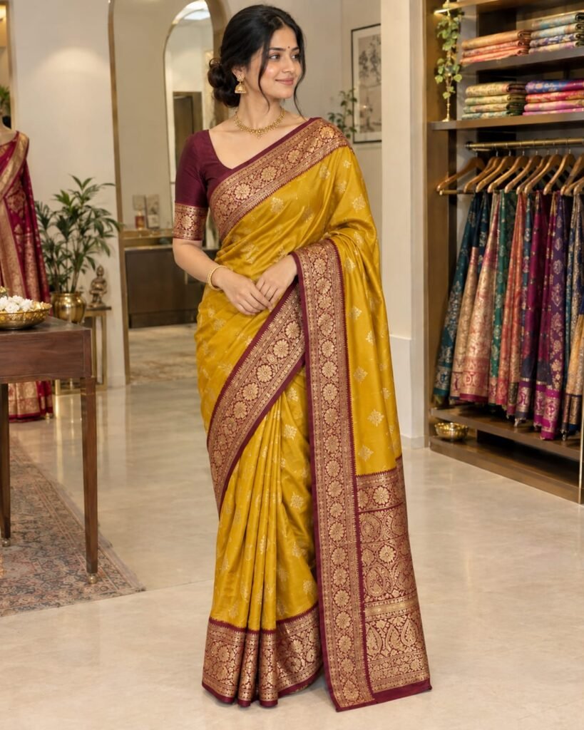 Mustard yellow Banarasi saree in Varanasi with maroon zari border at Ektaboutique