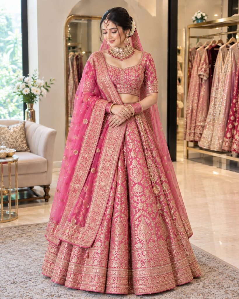 Pink bridal lehenga in Varanasi at Ektaboutique