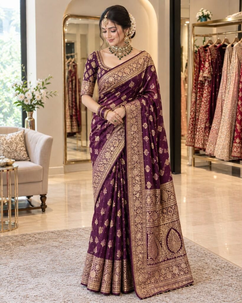 Wine purple Banarasi bridal saree with zari work at Ektaboutique Varanasi