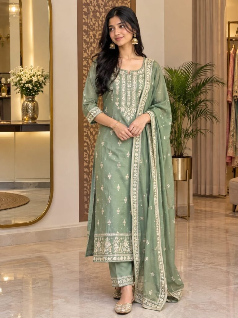 Sage green designer suit with embroidered border and dupatta in Varanasi at Ektaboutique