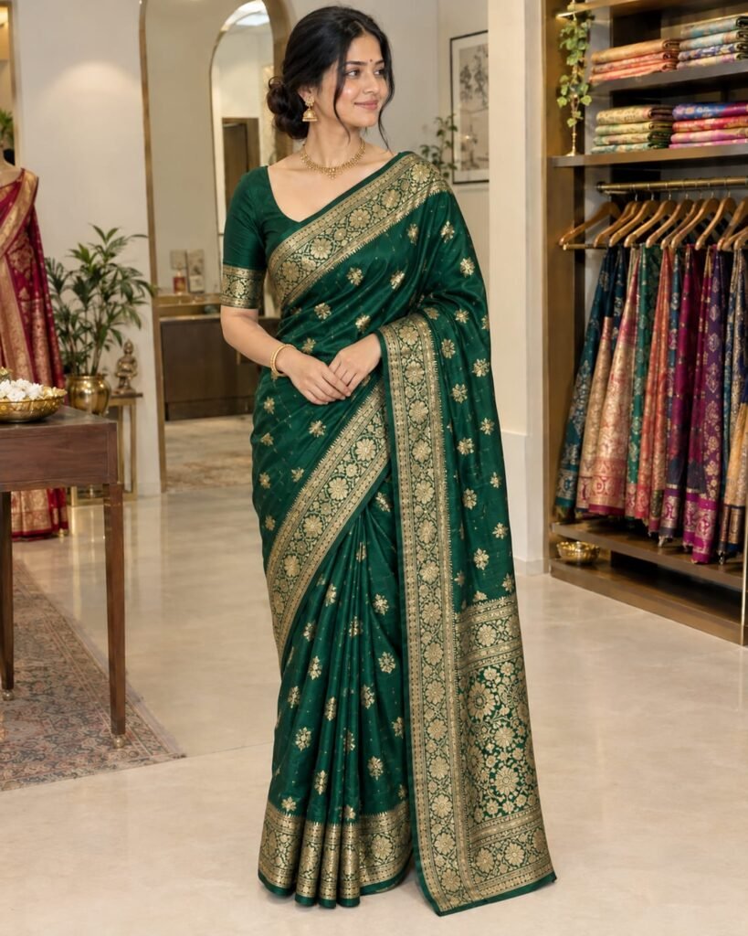 Emerald green Banarasi saree in Varanasi with gold zari buti at Ektaboutique